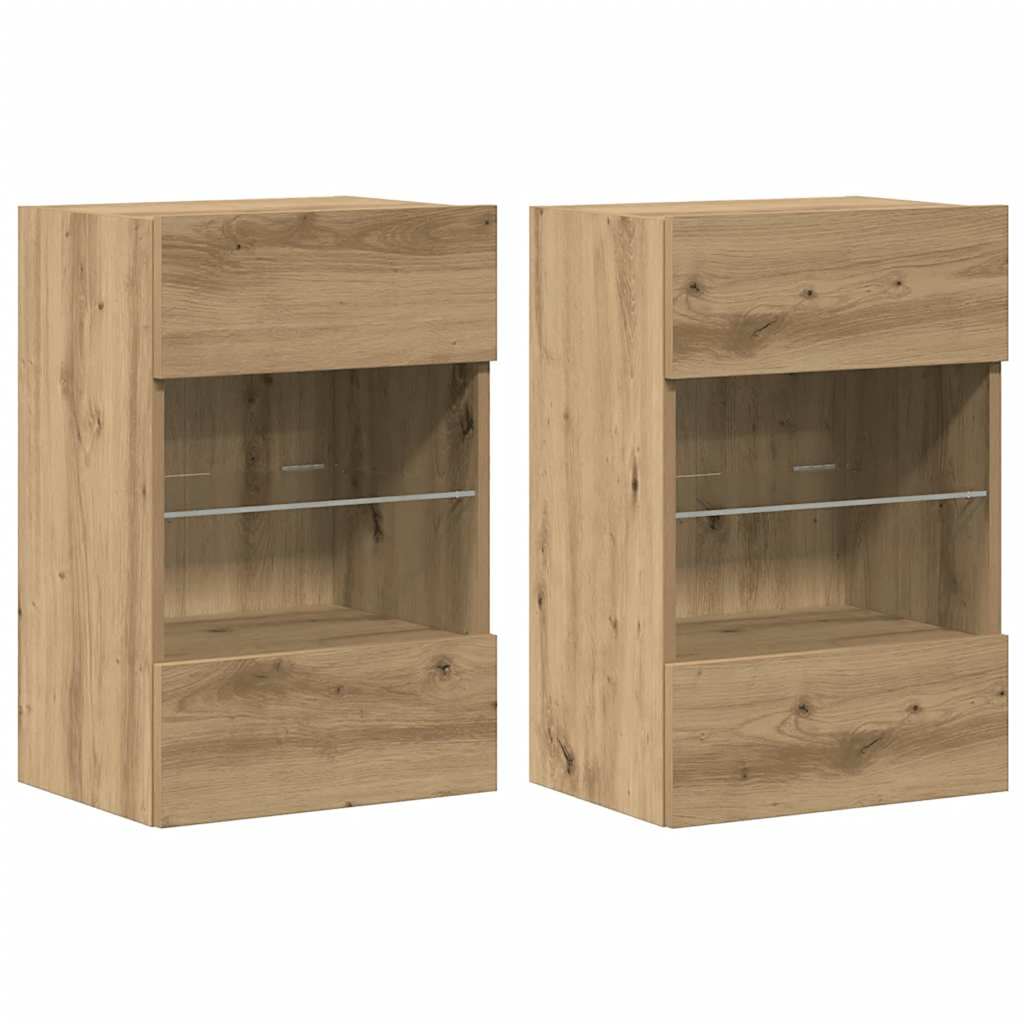 væghængte skabe til TV 2 stk. med LED-lys 40x30x60,5 cm kunsteg