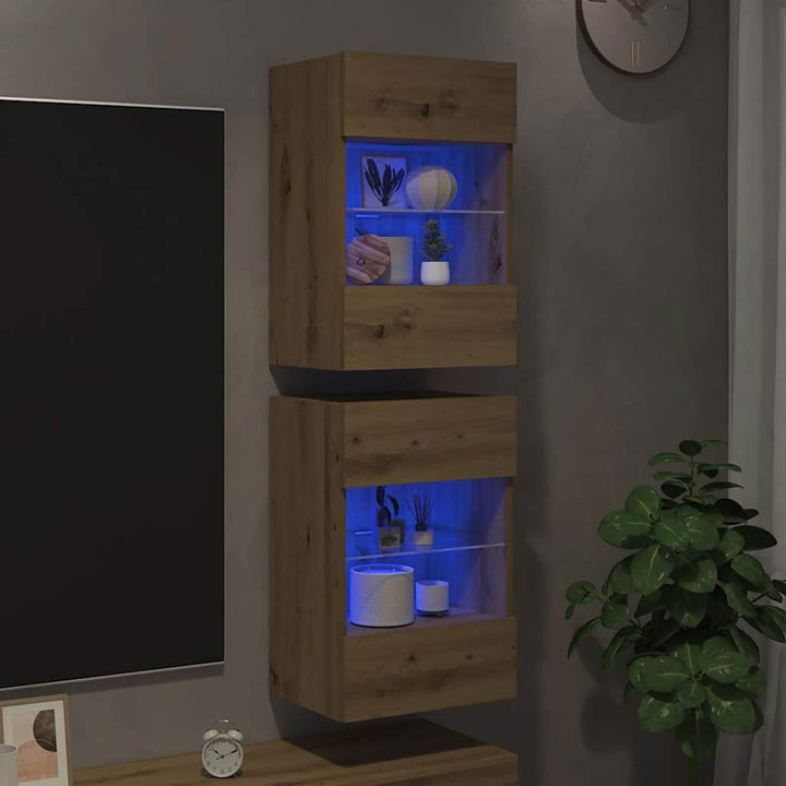 væghængte skabe til TV 2 stk. med LED-lys 40x30x60,5 cm kunsteg