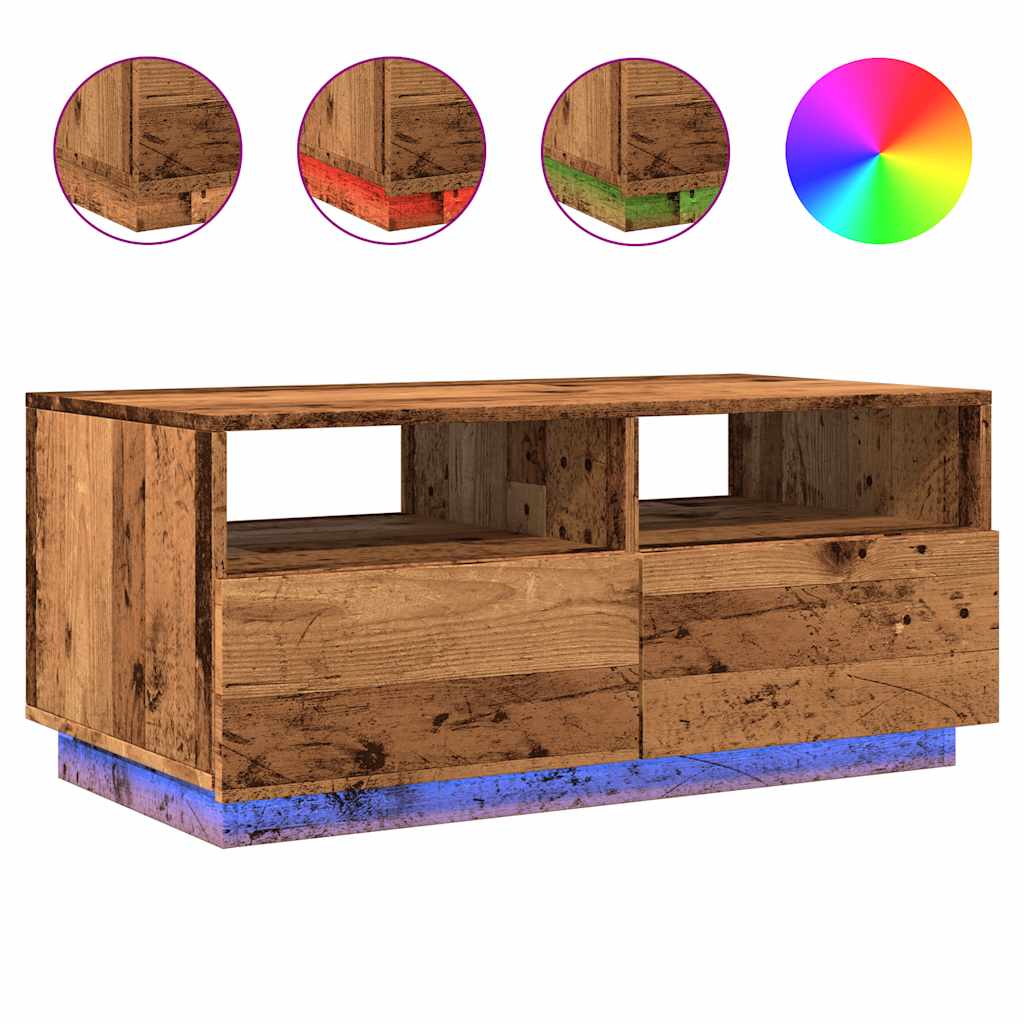 sofabord med LED-lys 90x49x40 cm gammelt trælook