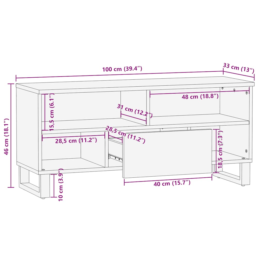 tv-bord 100x33x46 cm massivt mangotræ sort