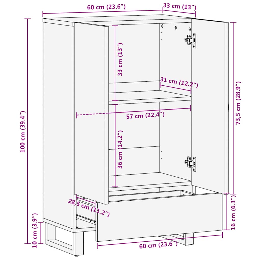 skab 60x33x100 cm massivt mangotræ sort