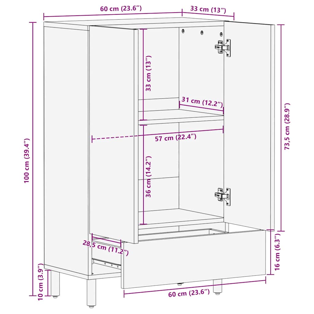 Highboard med hylde Brun 60 x 33 x 100 cm Massivt akacietræ