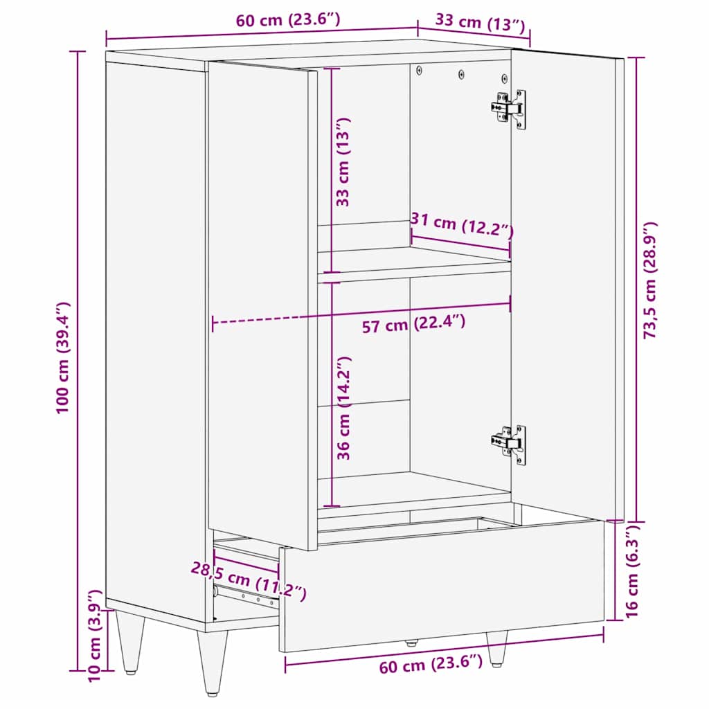 Highboard med skuffe Lysebrun 60 x 33 x 100 cm Massivt mangotræ