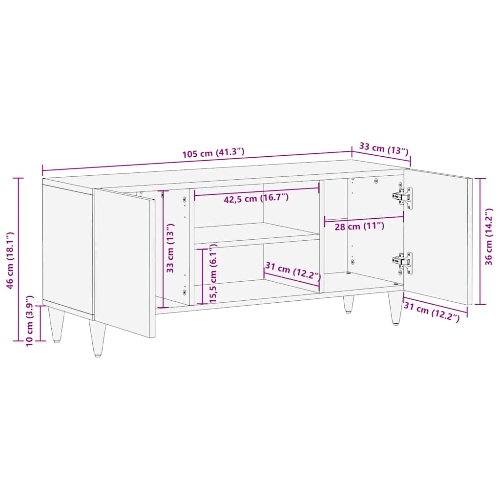 TV-skab med hylde Hvid 105 x 33 x 46 cm Massivt mangotræ