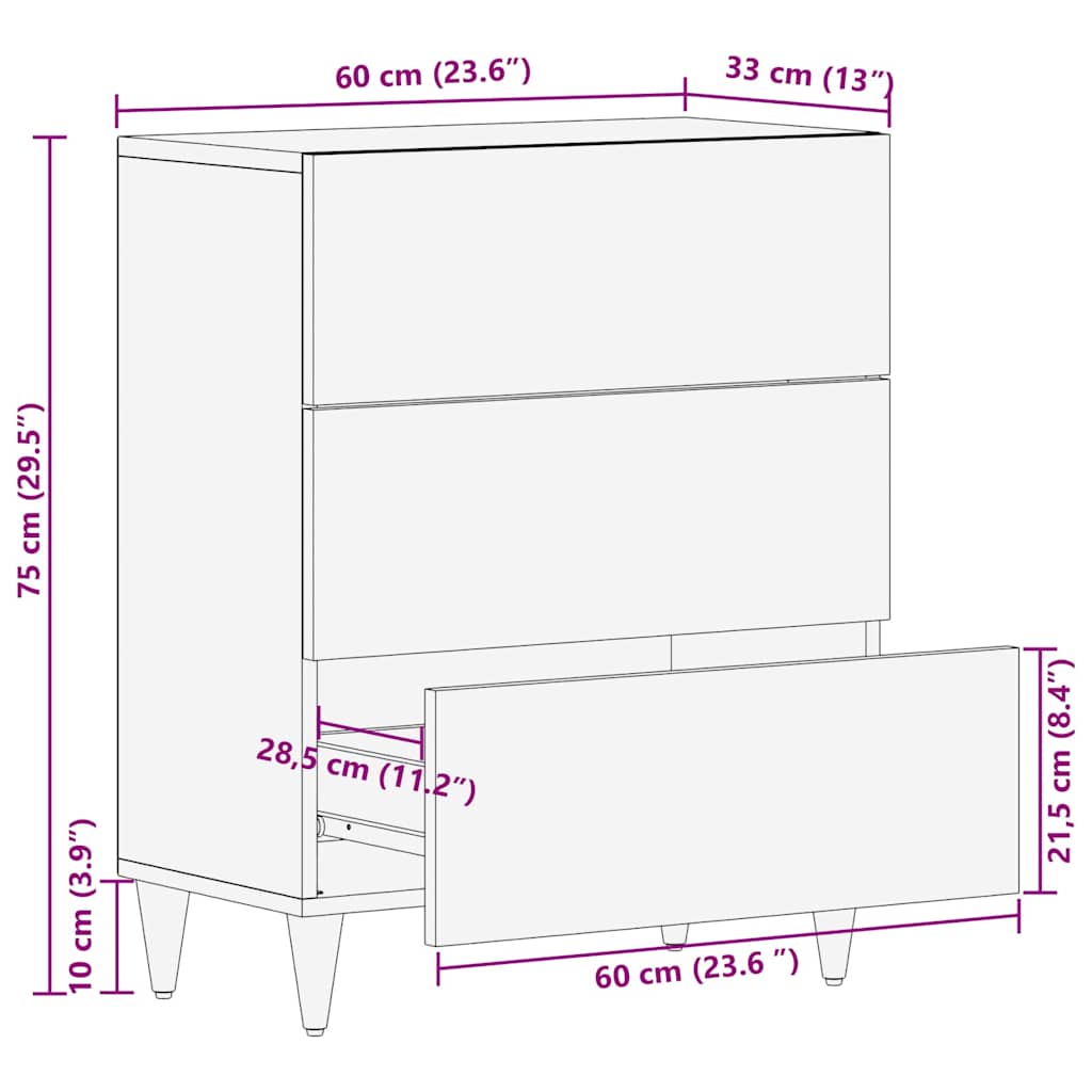 Sideboard med skuffe Hvid 60 x 33 x 75 cm Massivt mangotræ