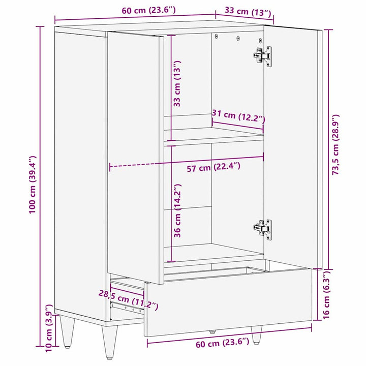 Highboard med skuffe Hvid 60 x 33 x 100 cm Massivt mangotræ