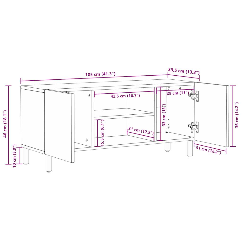 tv-bord 105x33,5x46 cm massivt ru mangotræ sort