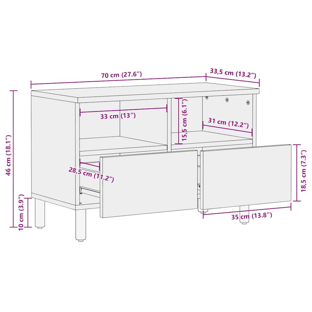 tv-bord 70x33,5x46 cm massivt ru mangotræ sort