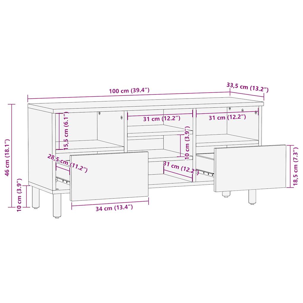 tv-bord 100x33,5x46 cm massivt ru mangotræ sort