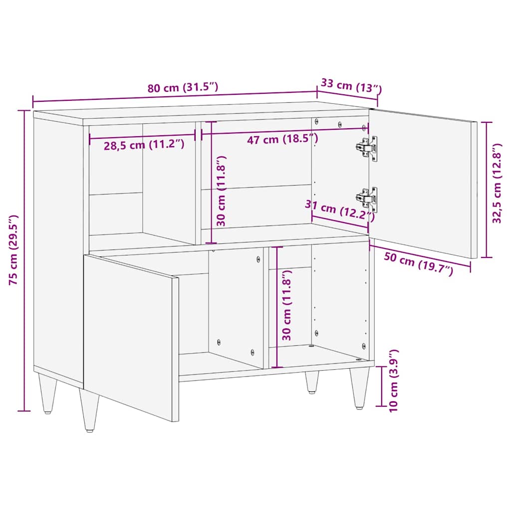 Sideboard med hylde Brun 80 x 33.5 x 75 cm Massivt mangotræ
