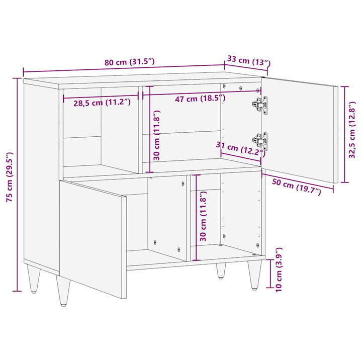 Sideboard med hylde Brun 80 x 33.5 x 75 cm Massivt mangotræ