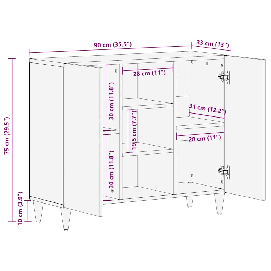 Sideboard med hylde Brun 90 x 33.5 x 75 cm Massivt mangotræ
