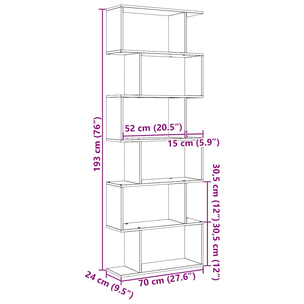 bogreol/rumdeler 70x24x193cm 6 niveauer konstrueret træ kunsteg