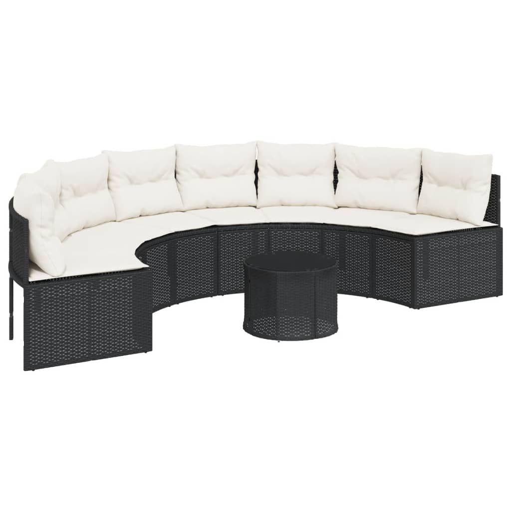 havesofa med bord og hynder halvrund polyrattan sort