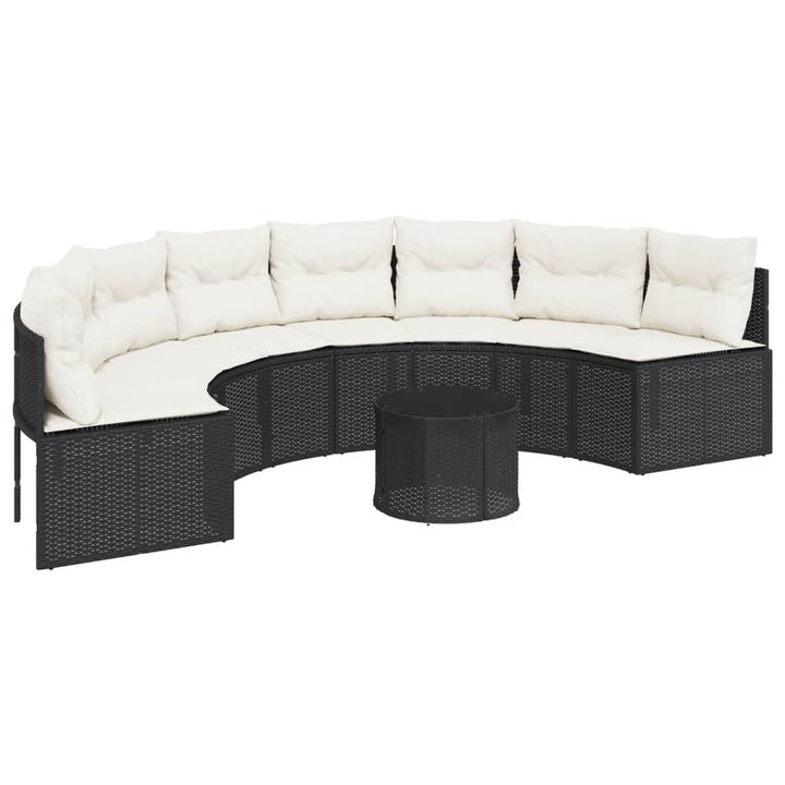 havesofa med bord og hynder halvrund polyrattan sort
