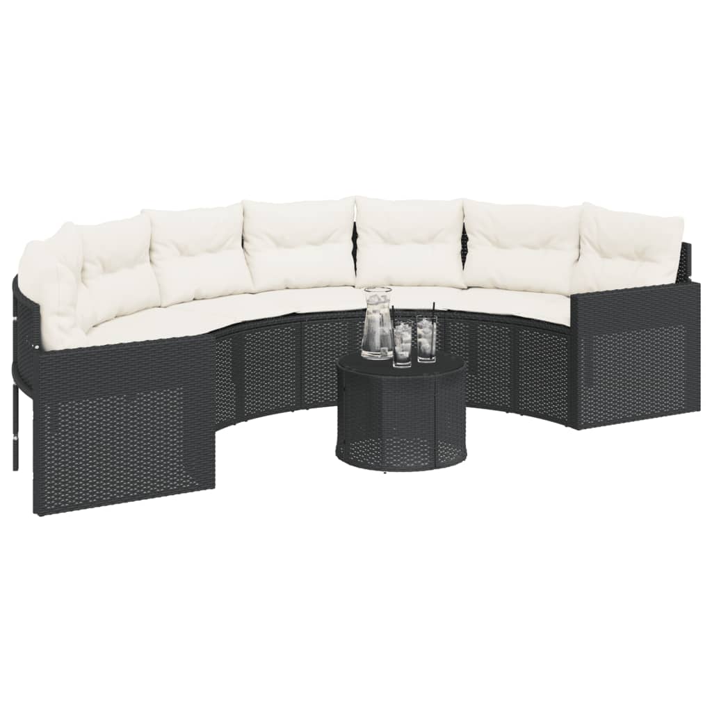 havesofa med bord og hynder halvrund polyrattan sort