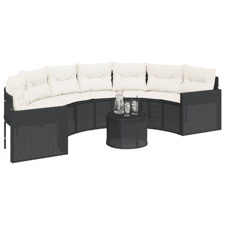 havesofa med bord og hynder halvrund polyrattan sort