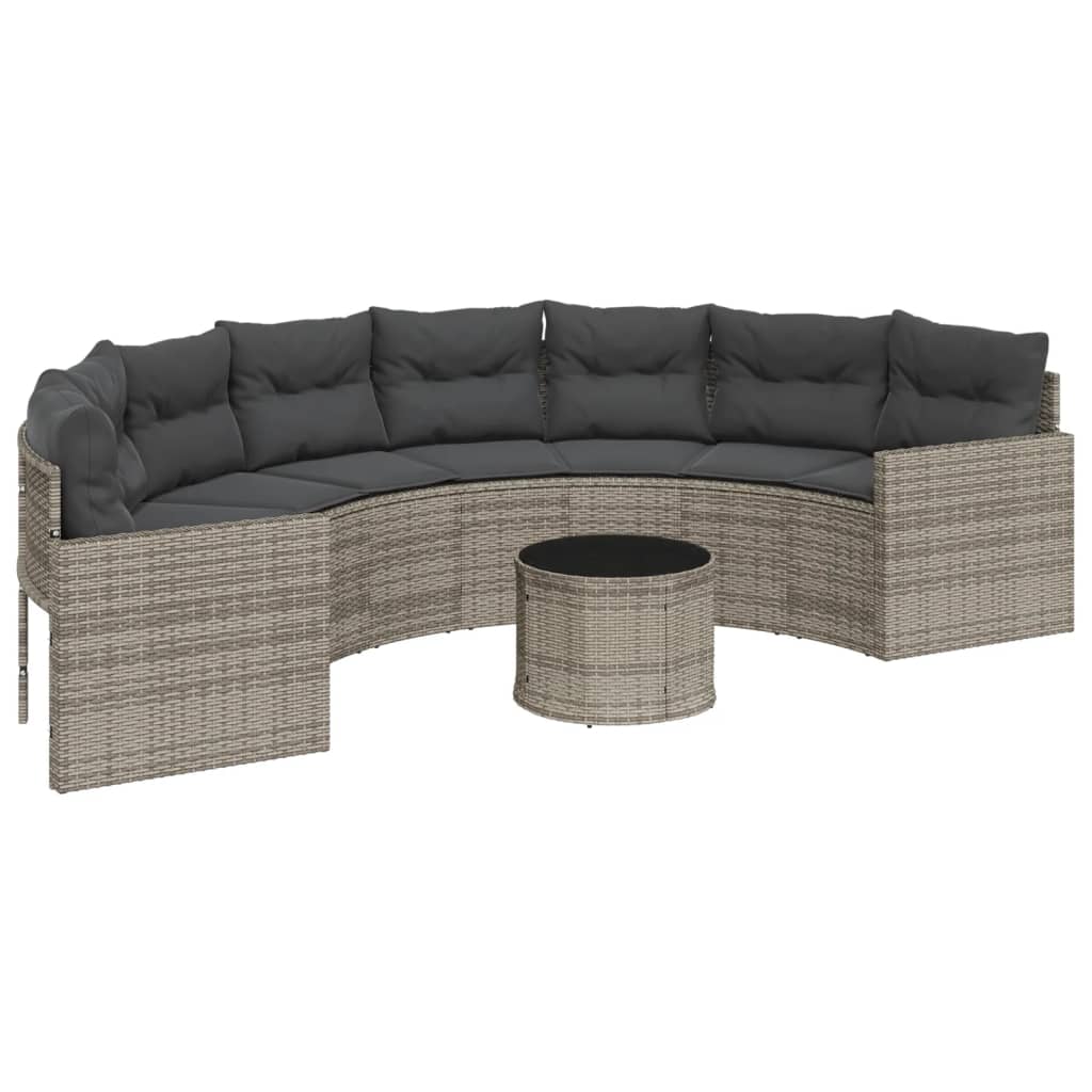 havesofa med bord og hynder halvrund polyrattan grå