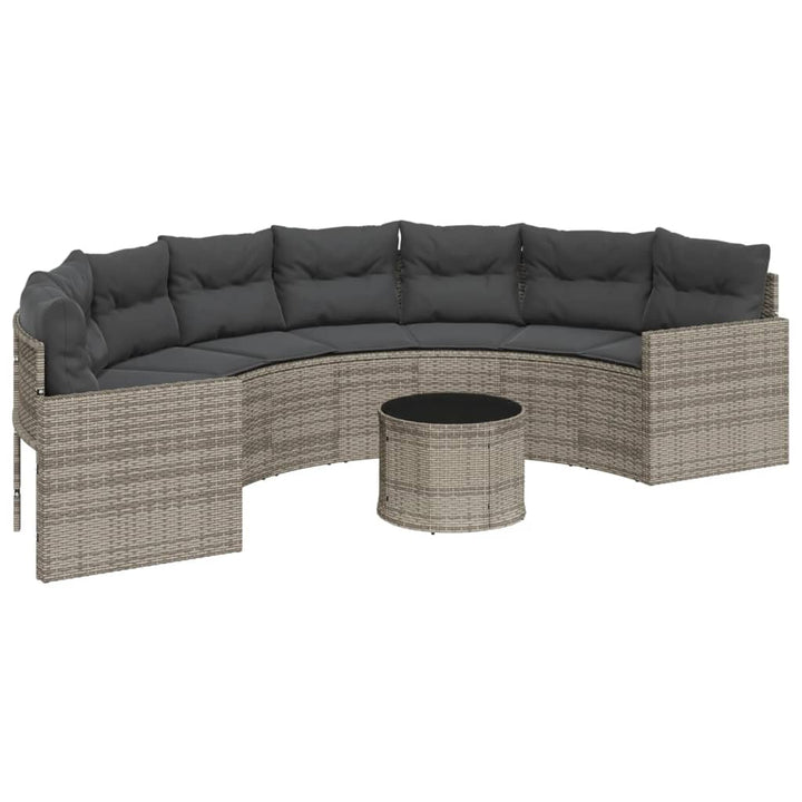 havesofa med bord og hynder halvrund polyrattan grå