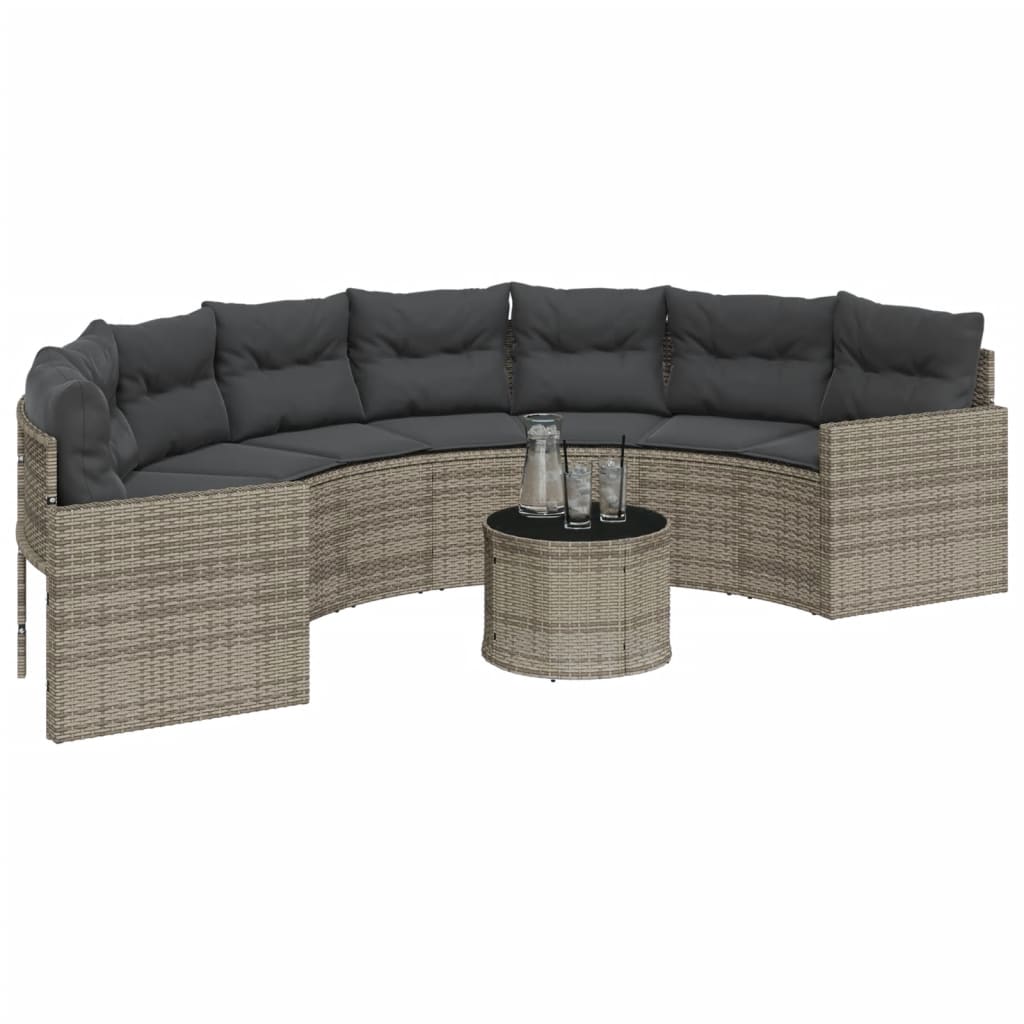havesofa med bord og hynder halvrund polyrattan grå