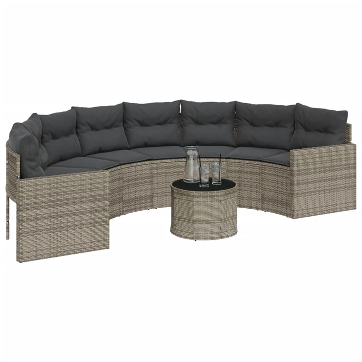 havesofa med bord og hynder halvrund polyrattan grå