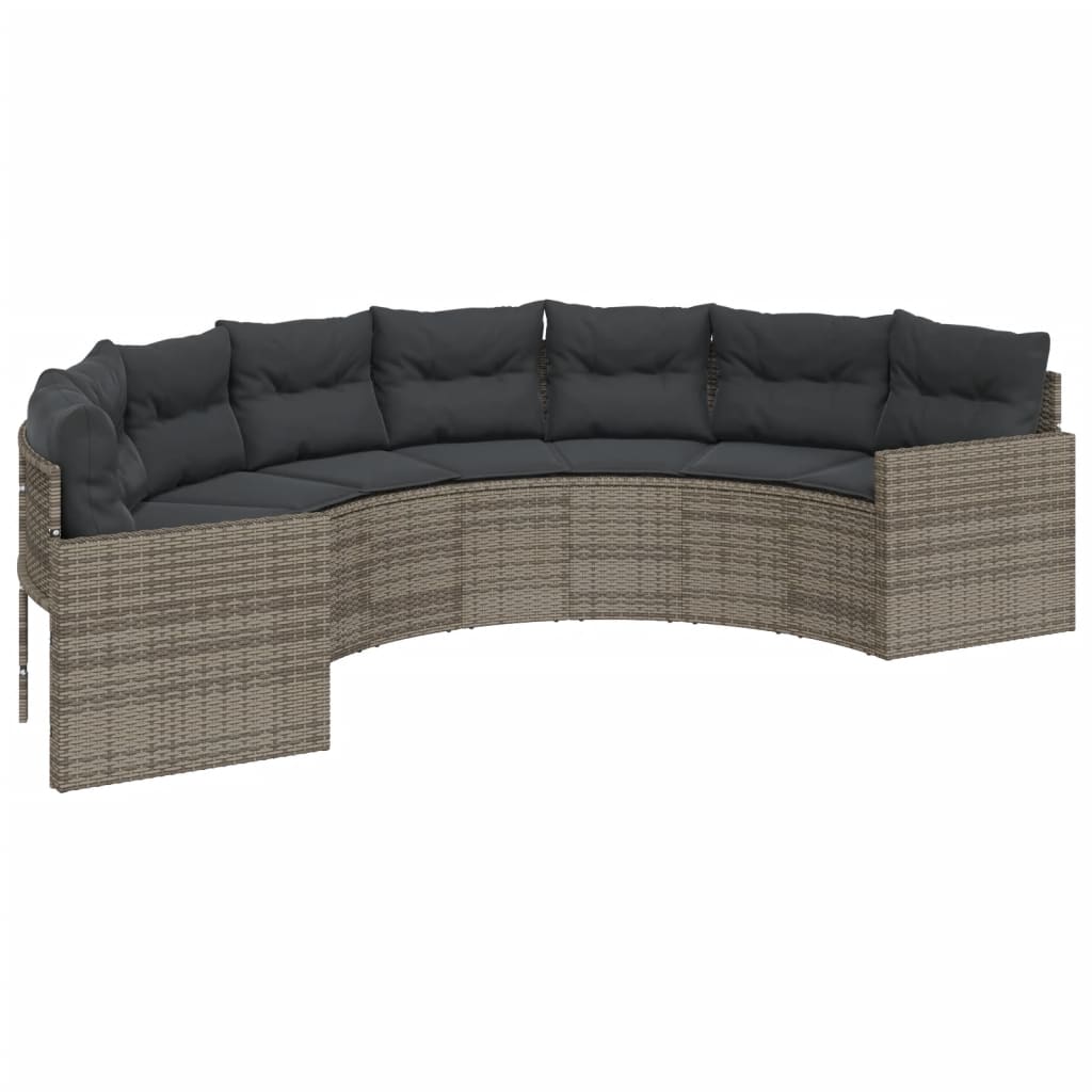 havesofa med bord og hynder halvrund polyrattan grå