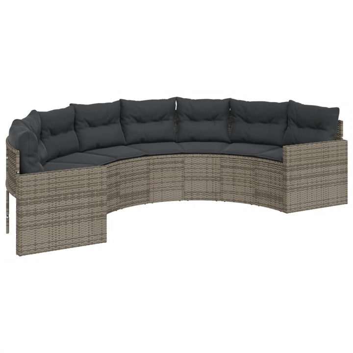 havesofa med bord og hynder halvrund polyrattan grå