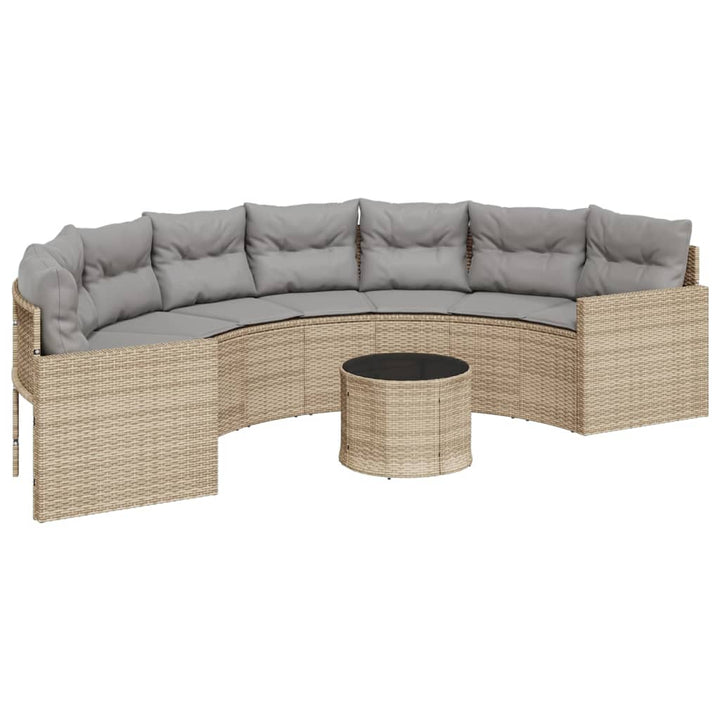 havesofa med bord og hynder halvrund polyrattan beige