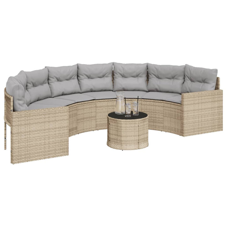 havesofa med bord og hynder halvrund polyrattan beige