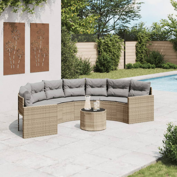 havesofa med bord og hynder halvrund polyrattan beige
