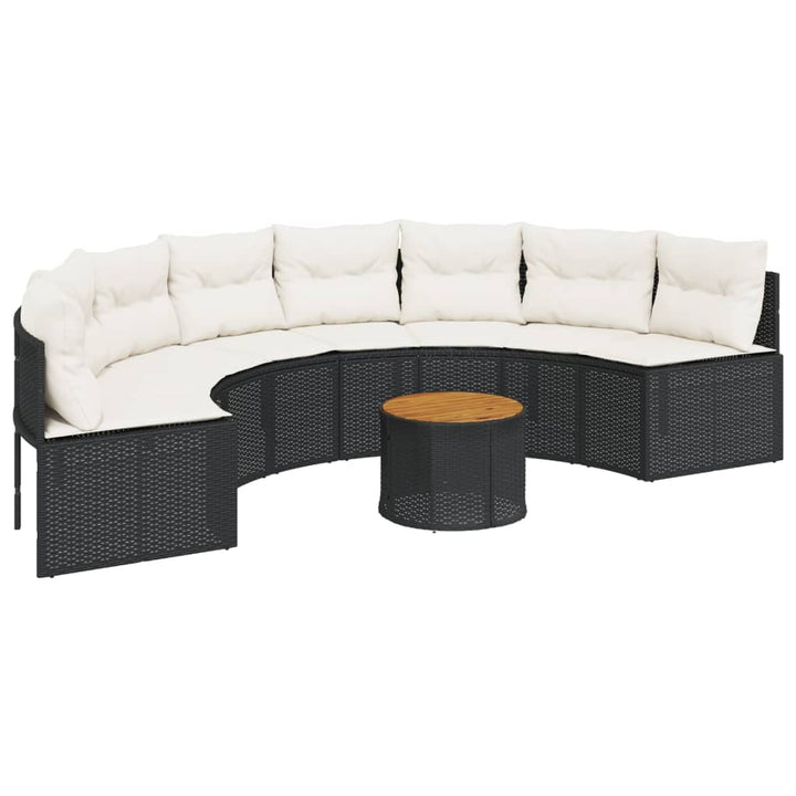 havesofa med bord og hynder halvrund polyrattan sort