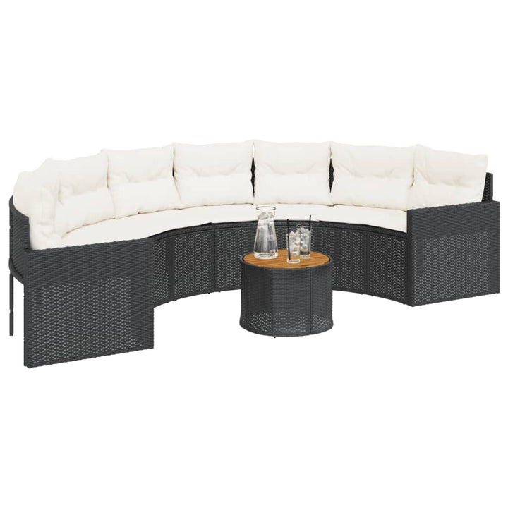 havesofa med bord og hynder halvrund polyrattan sort