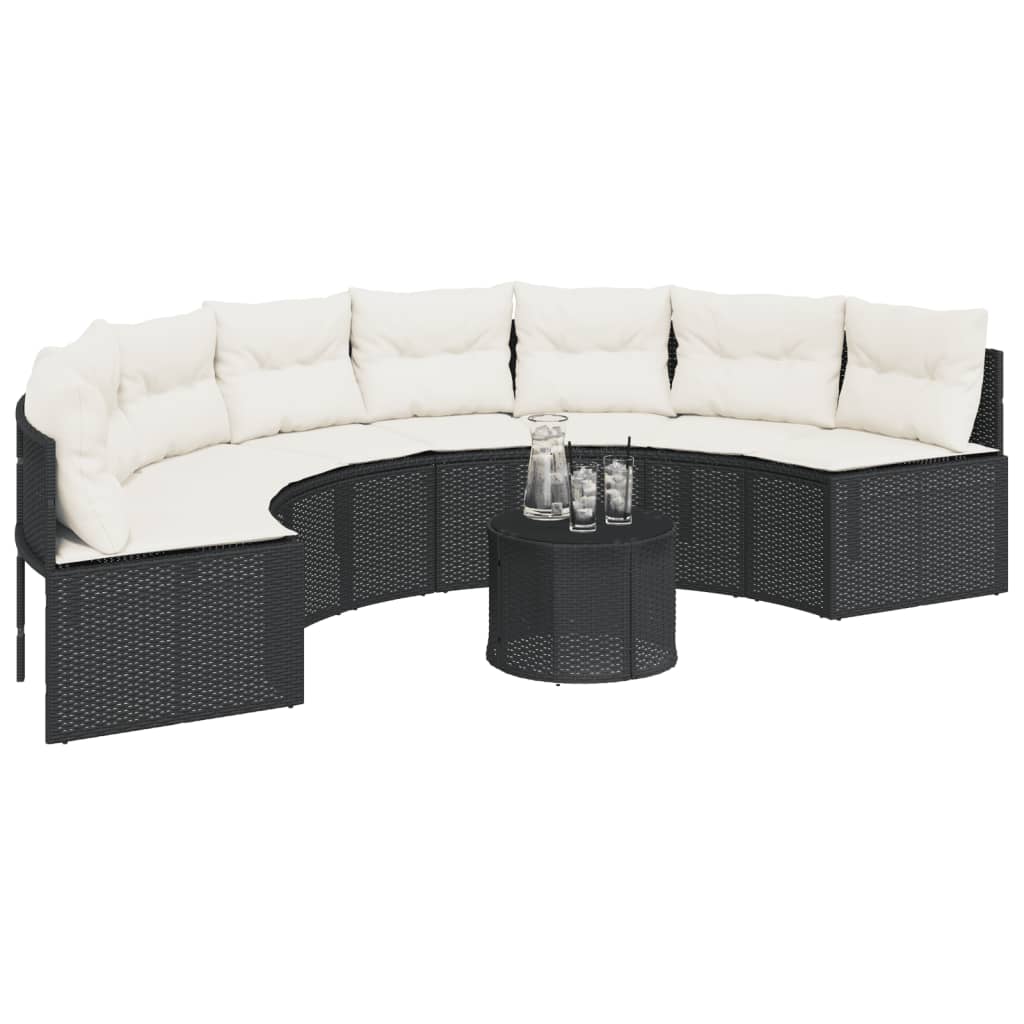 havesofa med hynder halvrund polyrattan sort