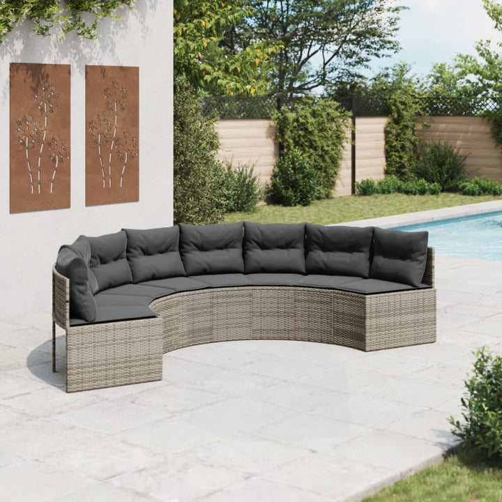 havesofa med hynder halvrund polyrattan grå