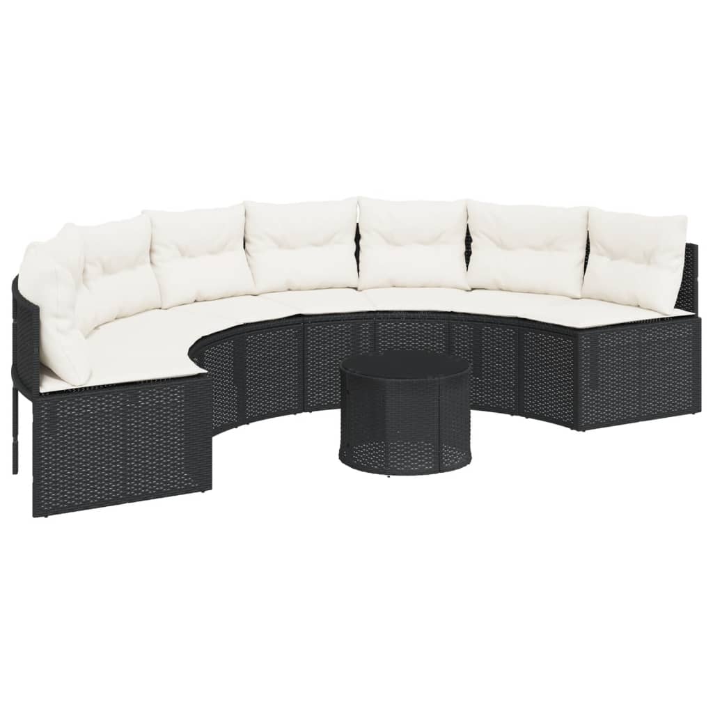 havesofa med bord og hynder halvrund polyrattan sort