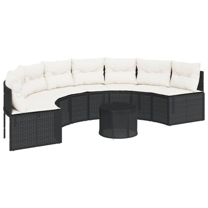 havesofa med bord og hynder halvrund polyrattan sort