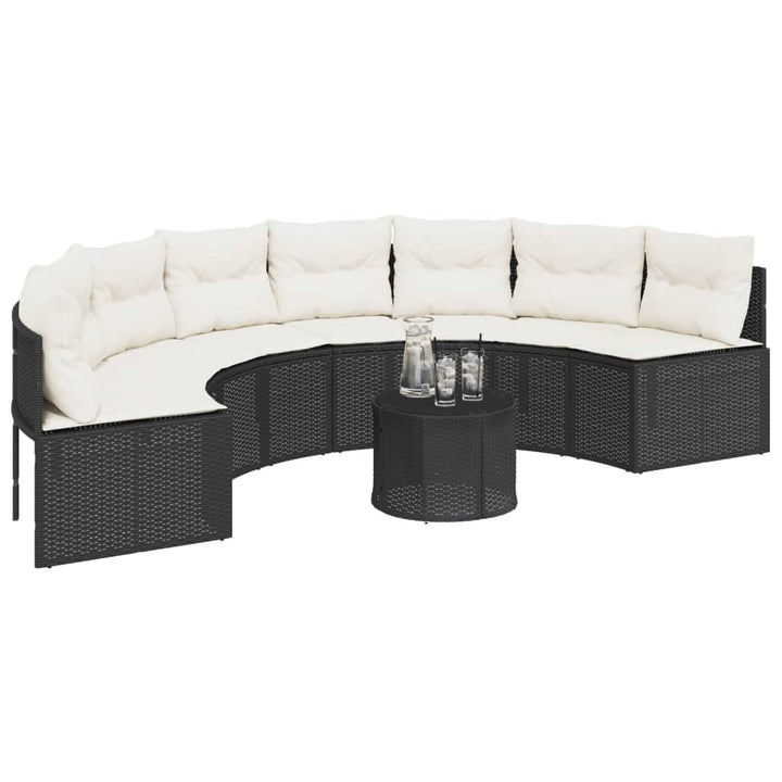 havesofa med bord og hynder halvrund polyrattan sort