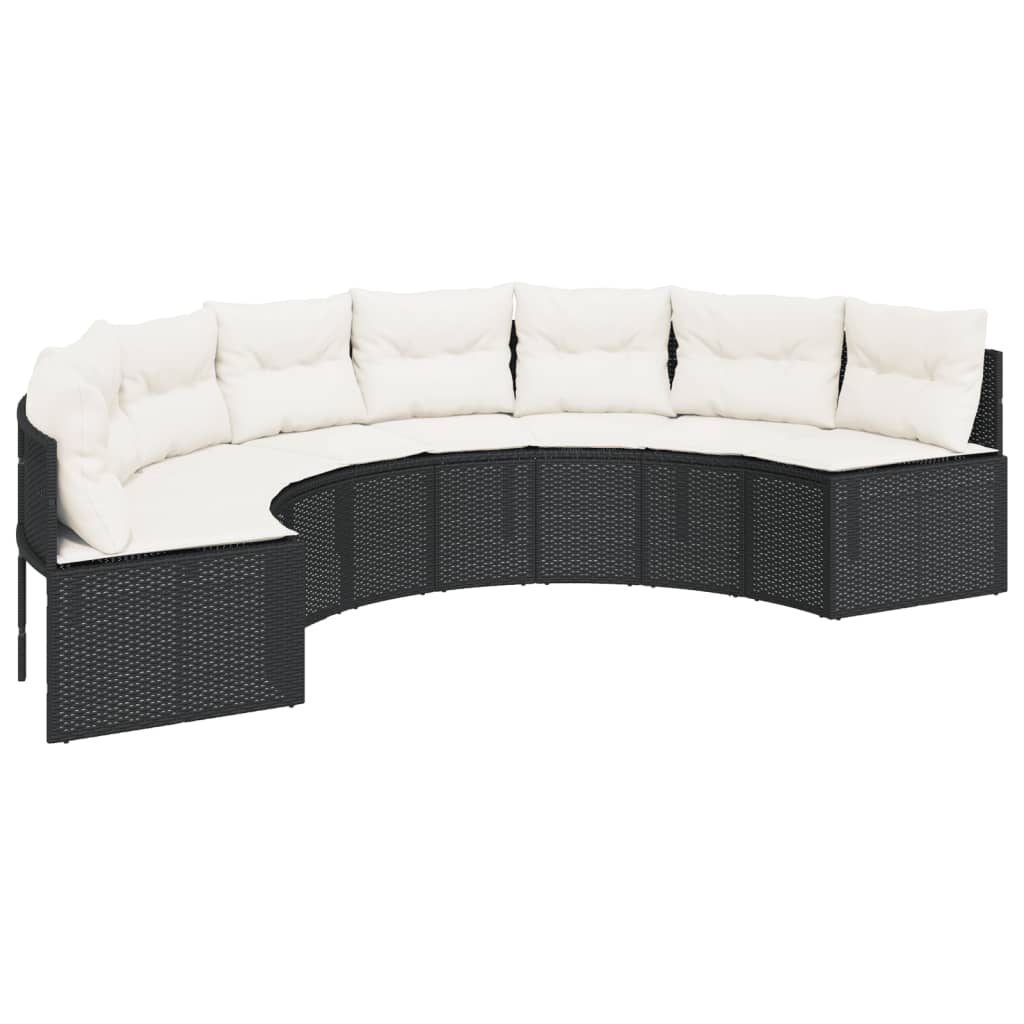 havesofa med bord og hynder halvrund polyrattan sort