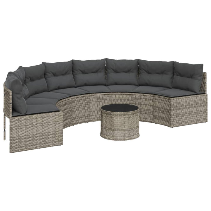 havesofa med bord og hynder halvrund polyrattan grå