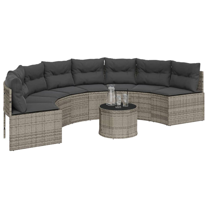 havesofa med bord og hynder halvrund polyrattan grå