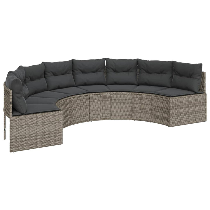 havesofa med bord og hynder halvrund polyrattan grå