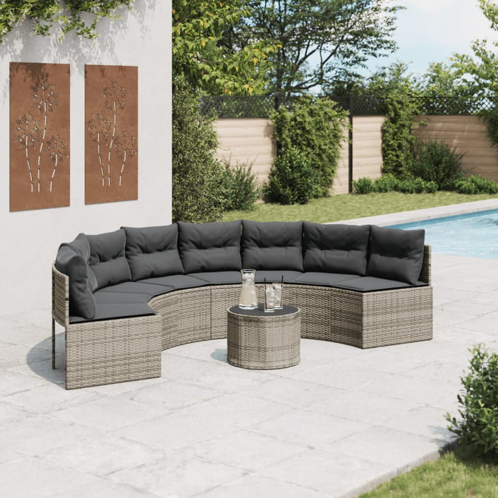 havesofa med bord og hynder halvrund polyrattan grå
