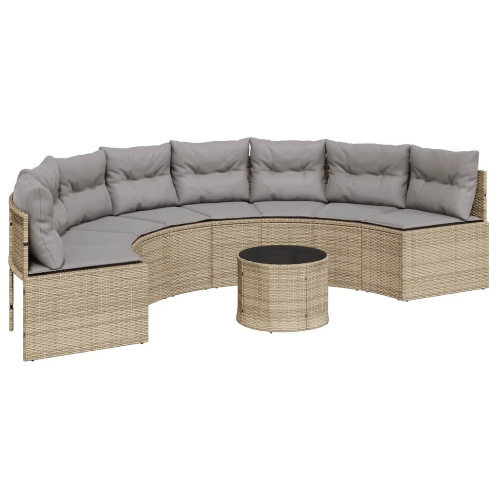 havesofa med bord og hynder halvrund polyrattan beige