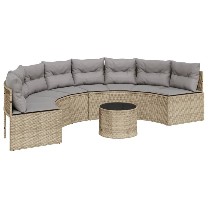 havesofa med bord og hynder halvrund polyrattan beige