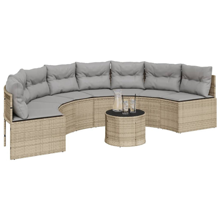havesofa med bord og hynder halvrund polyrattan beige