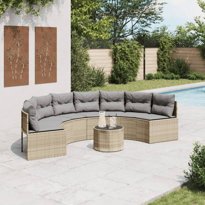havesofa med bord og hynder halvrund polyrattan beige