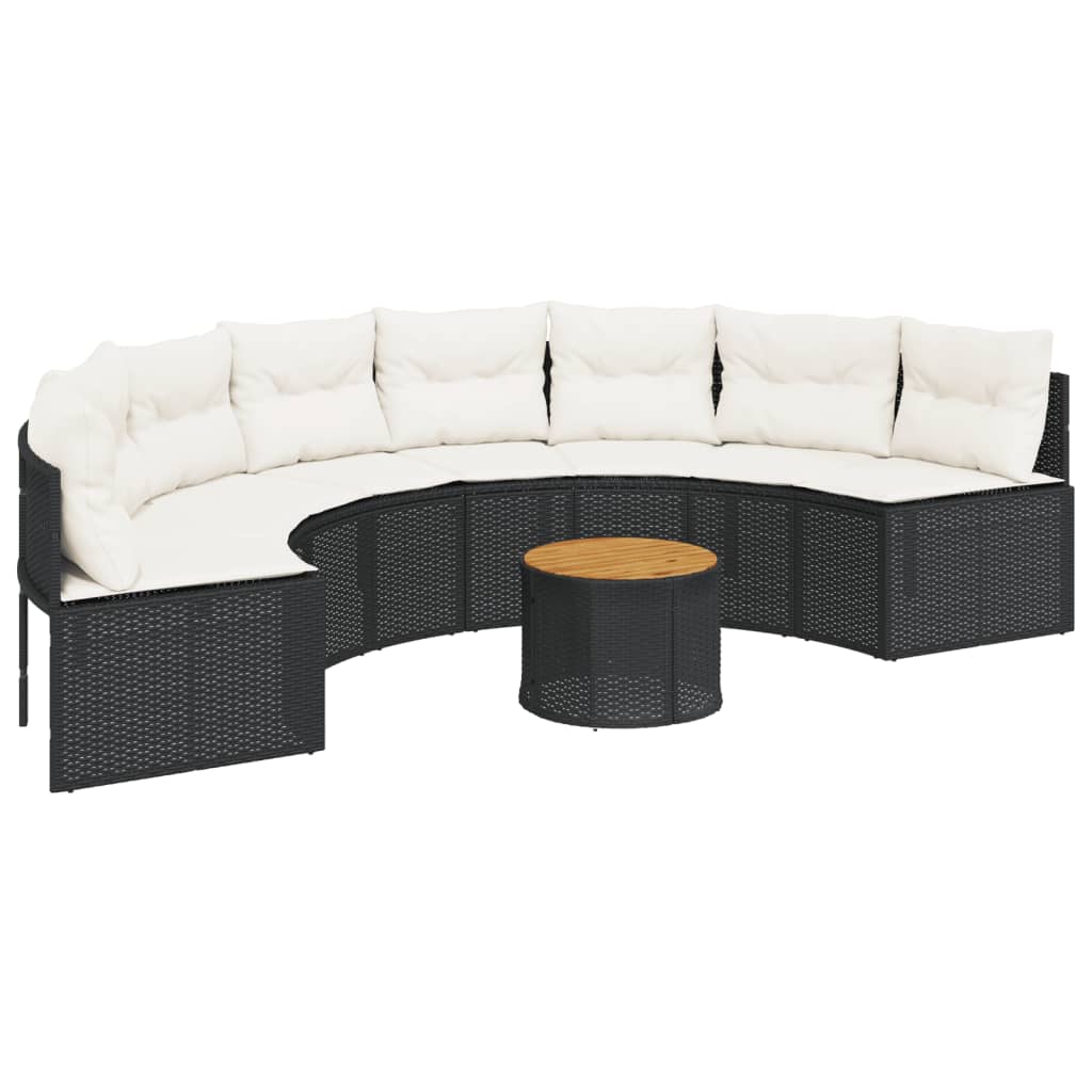 havesofa med bord og hynder halvrund polyrattan sort