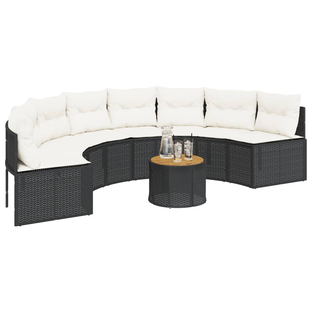 havesofa med bord og hynder halvrund polyrattan sort