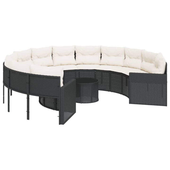 havesofa med bord og hynder rund polyrattan sort