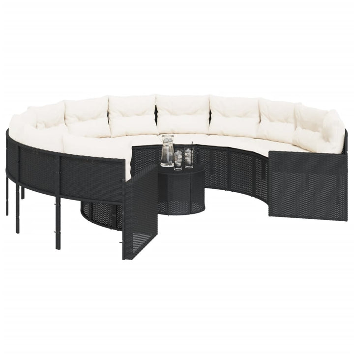 havesofa med bord og hynder rund polyrattan sort